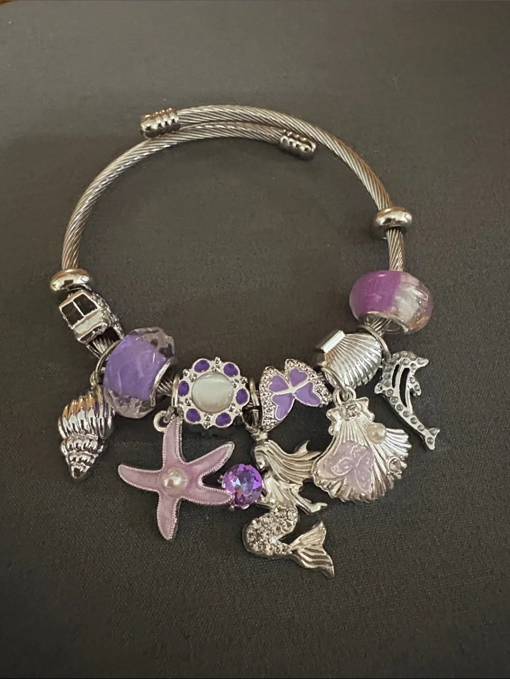 Silver Charm Bangle Bracelet with Purple Sea-Life Charms